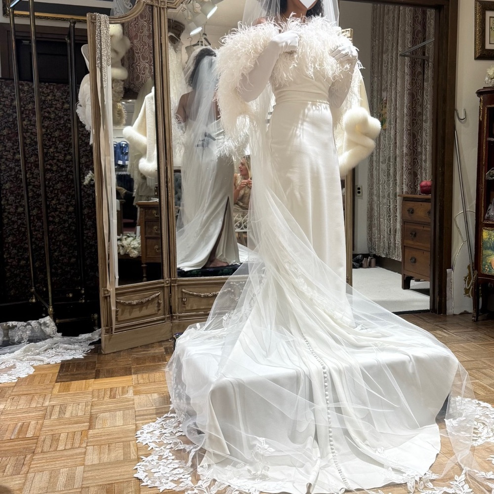 Yvonne Le Fleur Elegant White Wedding Dress with Ostrich Feather Detail - Picture 10 of 13